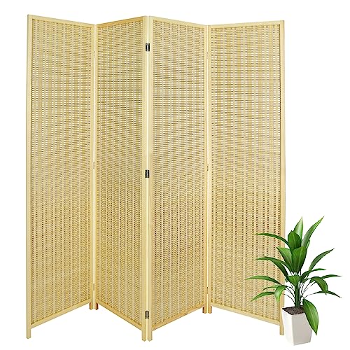 ECOMEX Bamboo Room Divider, Folding Privacy Screen, Room Divider Wall, Divider for Room Separation, 4 Panel Room Dividers with Shelves(Natural)