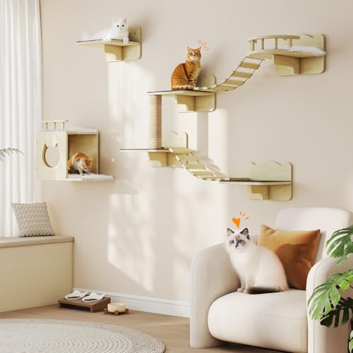 Cat Wall Shelves,Cat Wall Furniture Set of 5 Cats Mounted Shelves Furniture Wooden Feline Shelf Set Perches for Indoor with Condo,Scratching Post,Bridge