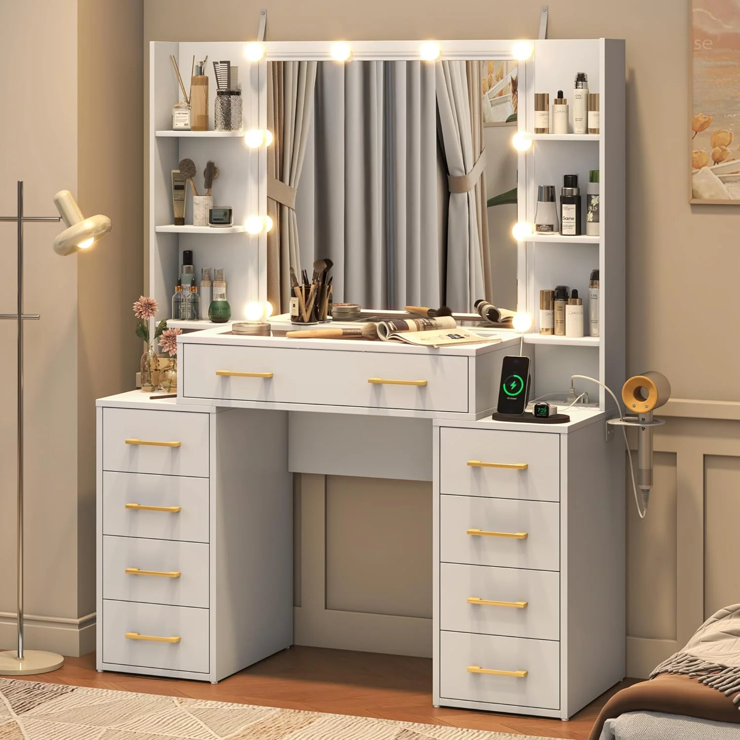 White Vanity Desk with Mirror & LED Lights, Glass Top Vanity Desk with Charging Station & Compartment Storage Drawers, 43