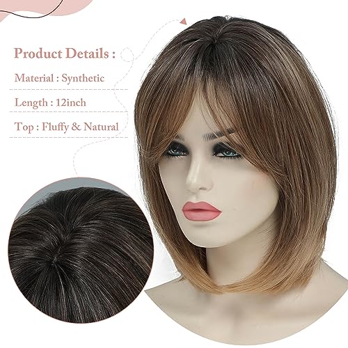 Molefi Hair Toppers for women 7x7'' Hair Topper with thinning hair, Short Hair Toppers for women with Large Base Cover Synthetic Hair Topper Hairpieces for women Brown with Dark Root