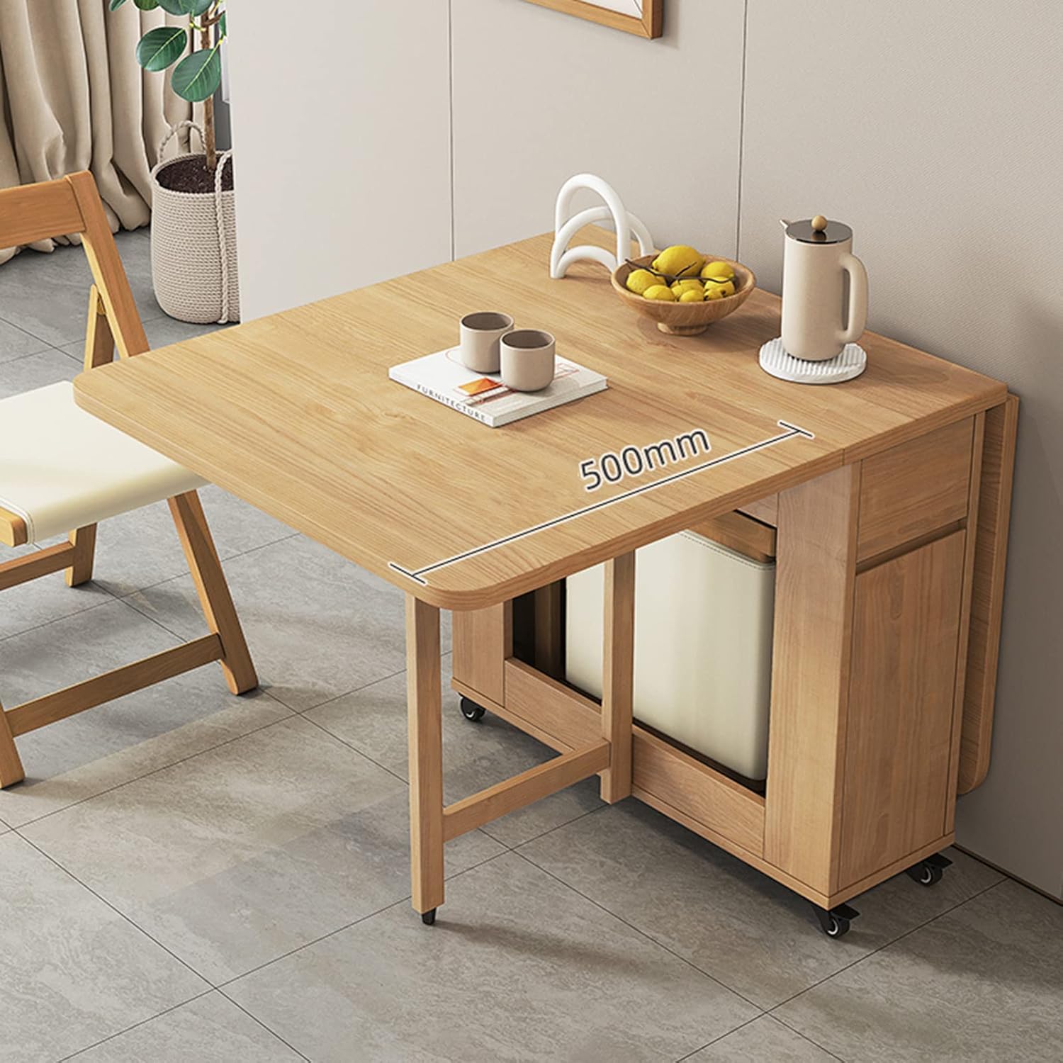 Extendable Dining Table, Solid Wood Drop Leaf Table, Folding Dining Table, Compact Dining Room Table with Storage Drawer, Space Saving Versatile Kitchen Table, 1.4M