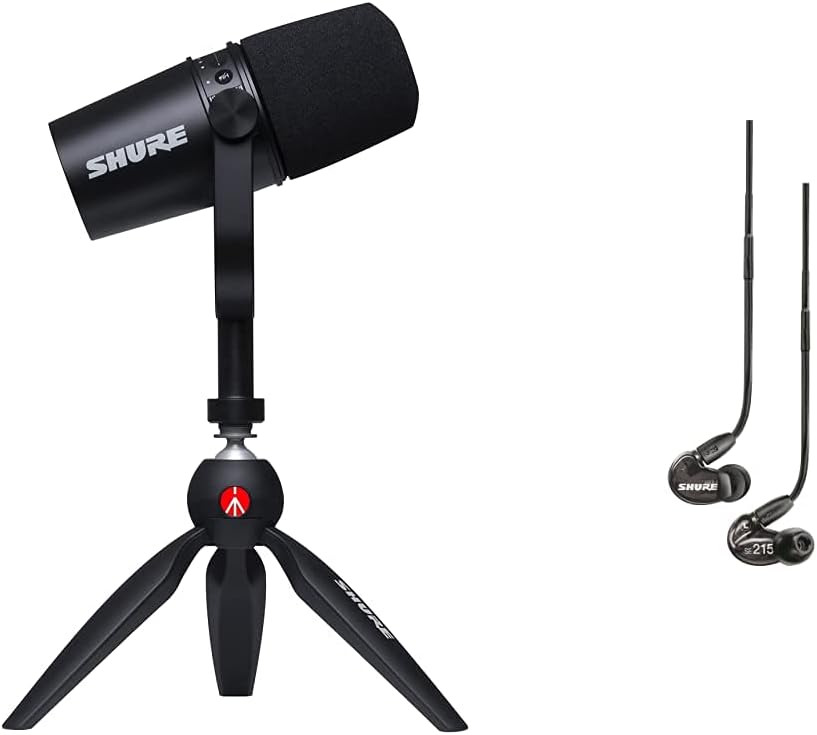 Shure MV7 USB/XLR Dynamic Microphone + SE215 Professional in-Ear Headphones for Podcasting, Recording, Streaming & Gaming, Built-in Headphone Output, Voice-Isolating Technology - Black/Clear