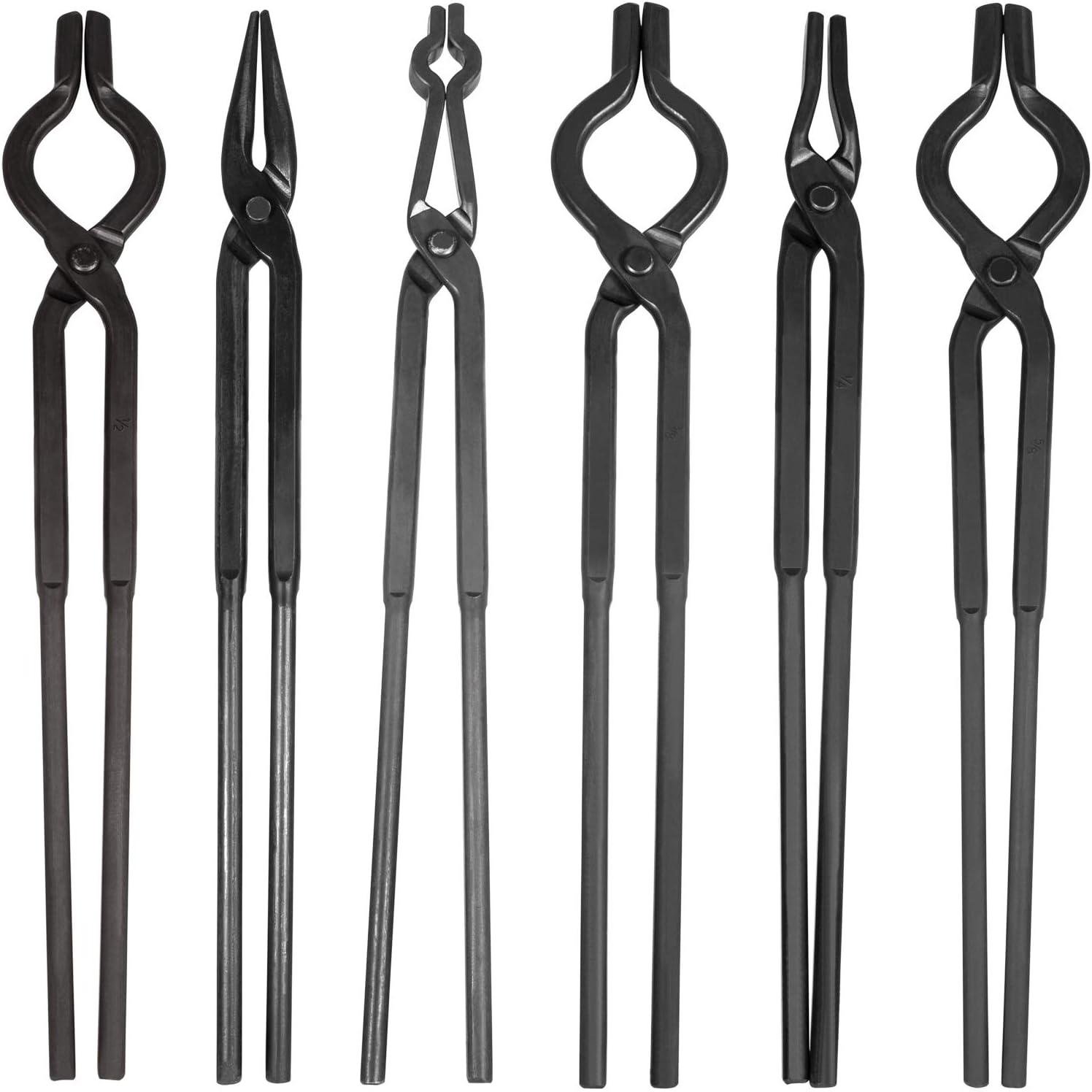 Beginner blacksmith tongs Blacksmith Forge Tongs Set Includes 3/8 1/2 5/8 V-Bit Tongs, 1/4 Flat Jaw Tongs, Pick Up Tongs, Scroll Tongs (6 Pcs)