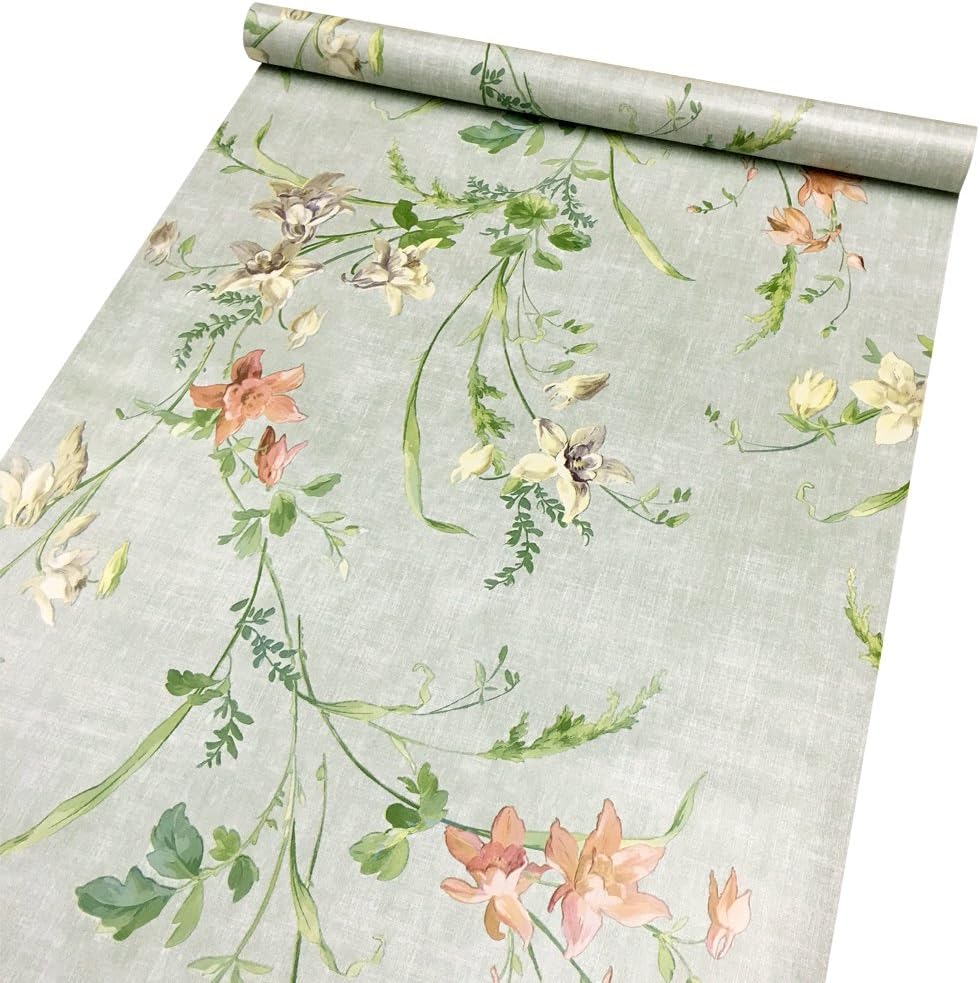 Country Rustic Flower Shelf Liner Self-Adhesive Furniture Paper for Countertops Light Green 17.7 Inch by 13 Feet