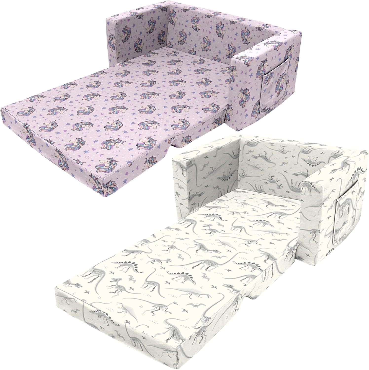 2 Seats Convertible Sofa, Extra Soft Polyester Kids Sofa with Folding Sleeper & Cute Dinosaur Print+ Comfy Flip-Out Couch Chair/Sleeper Bed for Toddler Boys and Girls (Dinasour Fossil)