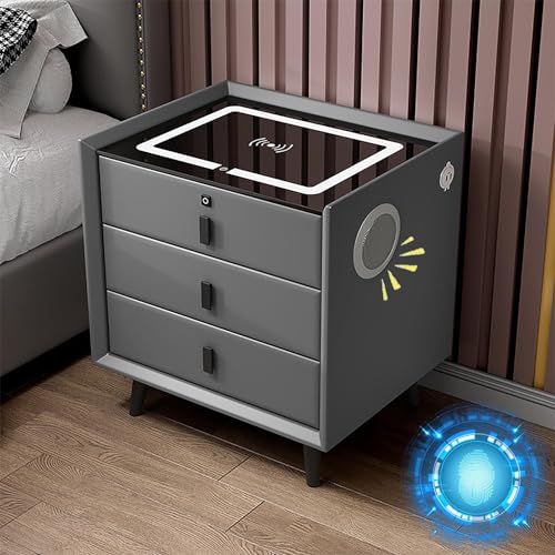 Nightstand with Wireless Charging Station, LED Night Stand with 2/3 Drawers for Bedroom Furniture, End Side Table with Fingerprint Lock and Speaker(White 2)