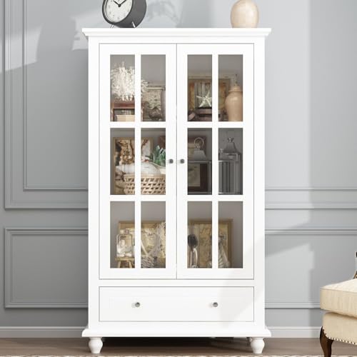 Hitow Tall Bookshelf White Bookcase with Glass Doors, Wooden Display Cabinet with 4-Tier Shelf & 2 Drawers, Pantry Cabinet for Home Office, Living Room, White (31.5”W x 15.7”D x 70.1”H)