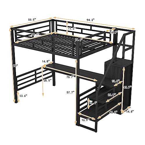 Metal Loft Bed with Desk, Storage Stairs Can Be Installed Left Or Right Full Size Bed Frame Storage Staircase and Small Wardrobe and Full-length Guardrail for Bedroom (White)