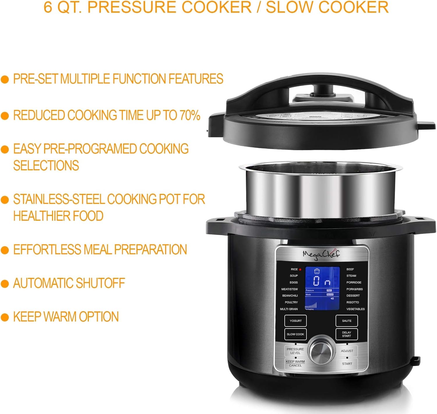 Megachef 6 Quart Stainless Steel Electric Digital Pressure Cooker with Lid