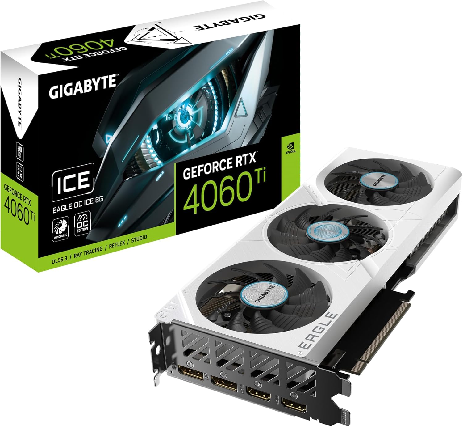 Gigabyte GeForce RTX 4060 Ti EAGLE OC ICE 8G Graphics Card - 8GB GDDR6, 128bit, PCI-E 4.0, 2550MHz Core Clock, 2 x DisplayPort 1.4a, 2 x HDMI 2.1a, NVIDIA DLSS 3, GV-N406TEAGLEOC ICE-8GD