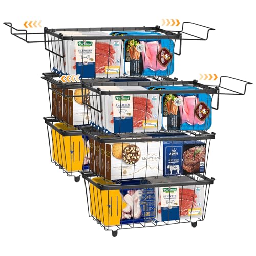 Freezer Organizer Bins, 6 Pack Stackable Deep Chest Freezer Organizer Bins, Foldable Baskets with Handles and Extension Brackets, Storage Container Baskets for 5/ 7 Cu.FT Deep Freezer Meats, Black