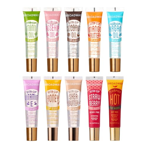 Ruby Kisses Broadway Vita-Lip Clear Lip Gloss (8 Pack), Ultra-Hydrating & Soothing Formula with Vitamins, High-Shine Non-Sticky Finish Lip Balm with Mint, Rosehip, Coconut, Mango, Argan, Honey, Shea
