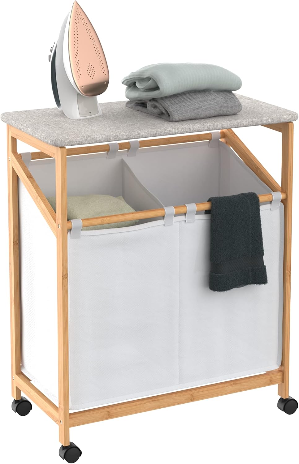 ClosetMaid Bamboo Laundry Hamper Cart with Ironing Board Folding Station, Dual Compartments with Divider, Portable Laundry Sorter, Natural Finish