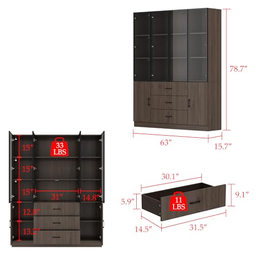 AIEGLE Lighted Kitchen Pantry Storage Cabinet with Glass Doors, Floor Display Cupboard with 3 Color Light, 3 Drawers & 5 Tiers Shelf (6 Doors), Utility Cabinet for Dining Room, Dark Brown 63”W