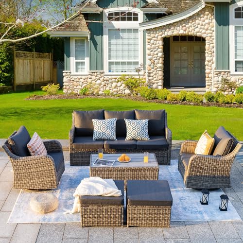 14 Pieces Large Patio Furniture Set, Modular Large Outdoor Sectional, Wicker Patio Sectional Sofa, Brown Rattan Conversation Set with Coffee Table & Adjustable Corner Sofa for Balcony
