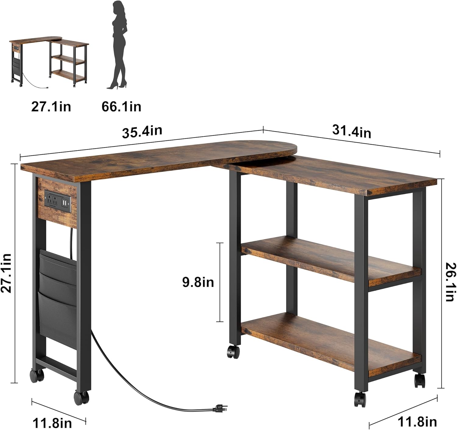 IDEALHOUSE 360° End Table Rotating Sofa Side Table with Charging Station Swivel Side Table with Extra Storage Bag Movable End Table with 6 Swivel Wheels with Brakes for Bedroom Living Room