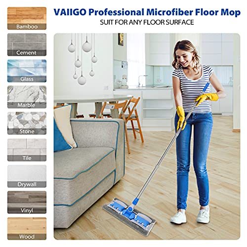 Professional Microfiber Hardwood Floor Mop, Flat Mops with 5 Pieces Reusable Washable Pads for Home and Office Wet or Dry Floor Cleaning (Sky Blue) - Radiant Selections