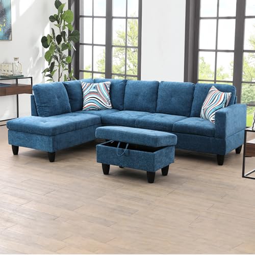 Couch, Sofa, Sectional Sofa, 3-Piece 4 Seat L Shaped Couch with Chaise and Storage Ottoman, Modern Fabric Couches for Living Room, Apartment, Office F09915A (Red)