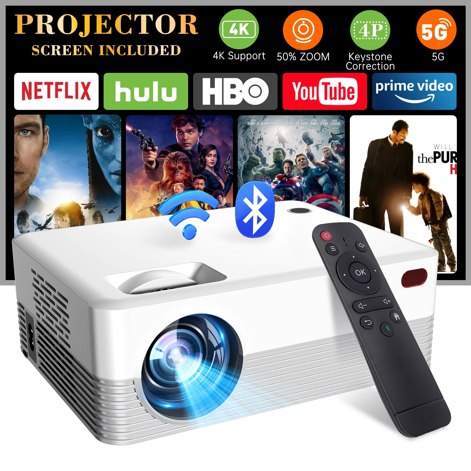 5G WIFI Projector, 5.0 Bluetooth Mini Projector with Full HD Display Technology, Native 1080p Support 4k resolution Projection, Portable Outdoor & Indoor Home Theather Projector (Screen Included)