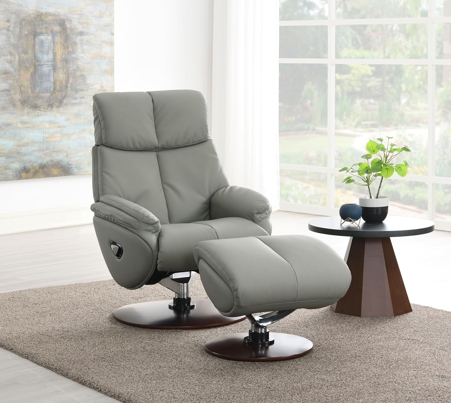 Genuine Leather Swivel Chair with Ottoman - Swivel Recliner Chair with Reclining and Swivel Function, Upholstered Chair and Ottoman Set with High Backrest and Round Wooden Base, Gray
