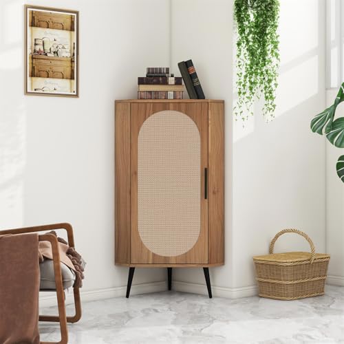 ZeHuoGe Corner Storage Cabinet w/Rattan Door,Corner Display Cabinet with Cane Webbing,Floor Corner Cabinet w/Storage Shelves for Living Room,Kitchen