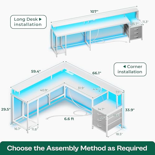 L Shaped Gaming Desk with LED Lights and Power Outlets, Computer Desk with Drawers, 66.1 Inches Corner Desk, Home Office Desk with Printer and Monitor Stand, Large Storage, Rustic Brown