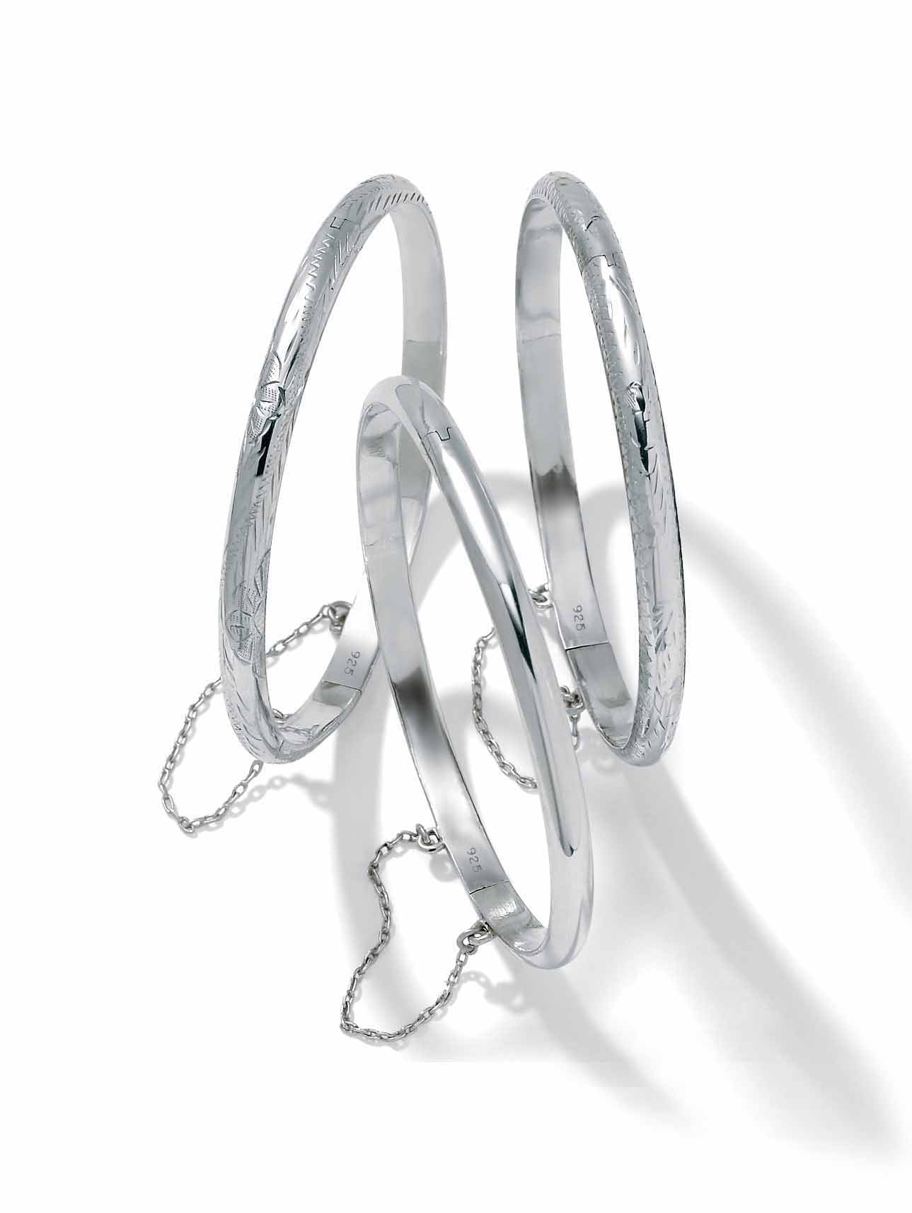 PalmBeach Jewelry Polished, Engraved and Floral Three-Piece Bangle Set in Yellow Gold-Plated or Sterling Silver