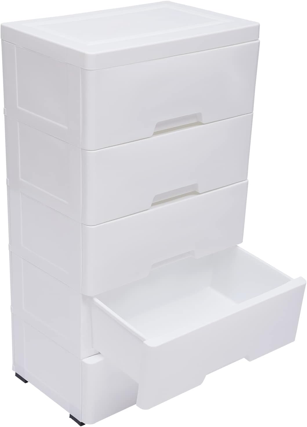 Plastic Storage Drawer Cart with 5 Drawers, Mobile Cabinet Organizers Rolling Storage Cabinet, Plastic Drawer Dresser Storage Organizer Vertical Storage Tower Unit for Playroom, Bedroom(White)