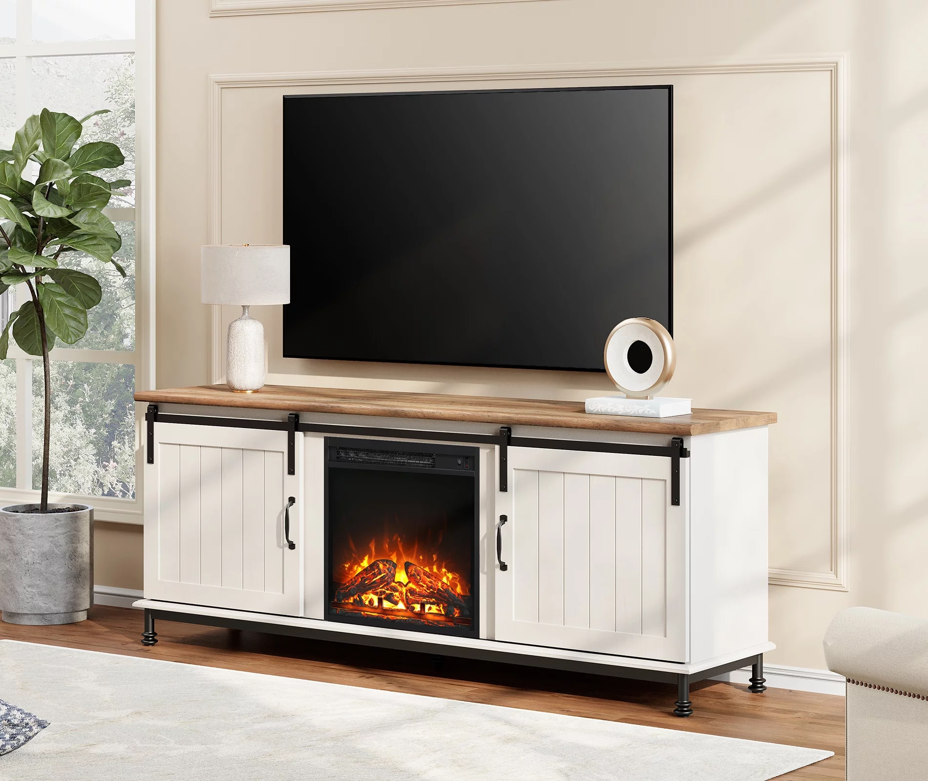 WAMPAT TV Stand with 18'' Electric Fireplace for 65 75 Inch TV, Farmhose Entertainment Center with Sliding Barn Door, Fireplace Storage Cabinet Wood Media Console Table for Living Room, White