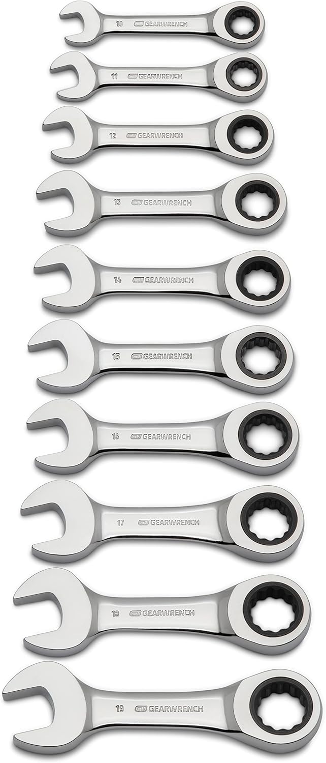 GEARWRENCH 10 Pc. 12 Pt. Stubby Ratcheting Combination Wrench Set, Metric - 9520D