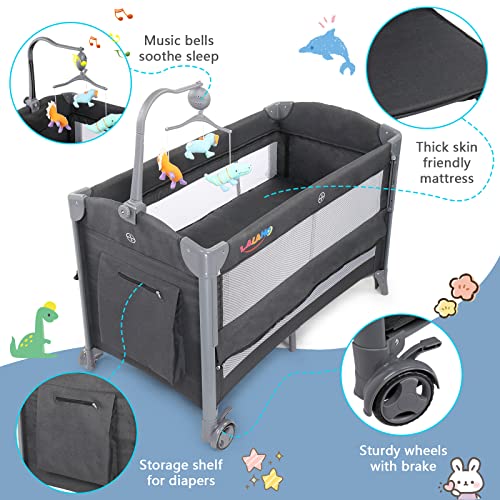 Ktaxon 3 in 1 Baby Bassinet, Bassinet Bedside Sleeper Baby Crib with 3 Levels Height Adjustment, Fast Folding Design and Flexible Wheel with Brake from Newborn to Toddles(Dark Grey)