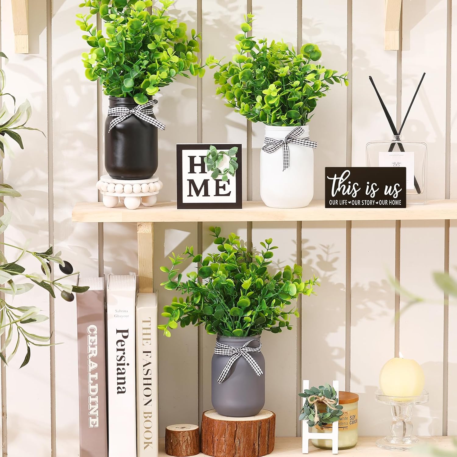 Jexine 12 Pcs Eucalyptus Mason Jar Table Centerpieces Farmhouse Tiered Tray Decor Home Table Decor This is US Wooden Signs Decorative Spring Summer Decor for Table Home Wedding Dining Kitchen Decor