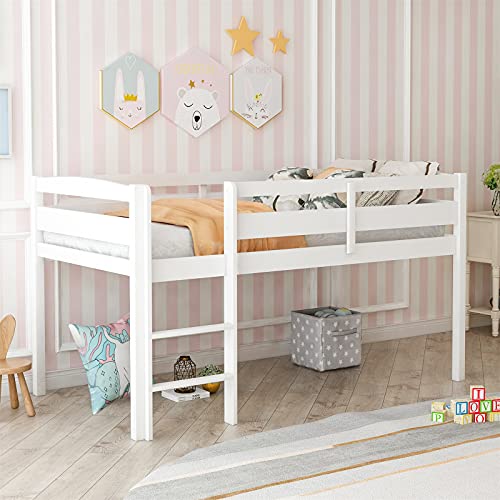 Bellemve Low Loft Bed Twin Size Wooden Loft Bed Frame with Ladder Compatible with Girls Boys Teens, White,bed frame