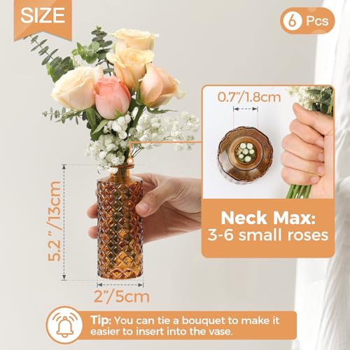 ComSaf Glass Bud Vases Set of 12, Small Diamond Bud Vases in Bulk, Mini Flowers Vases for Centerpieces, Vintage Decor Centerpiece for Table, Wedding Recepetion, Home, Gift (Gradient Amber)