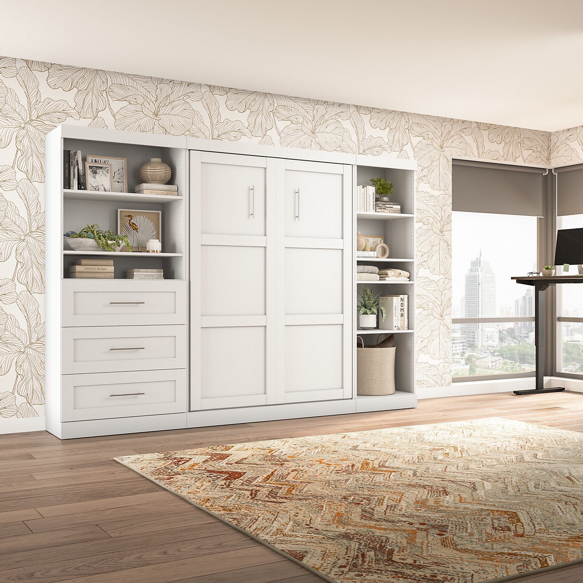 Bestar Pur Full Murphy Bed with Shelving and Drawers (120W) in Rustic Brown