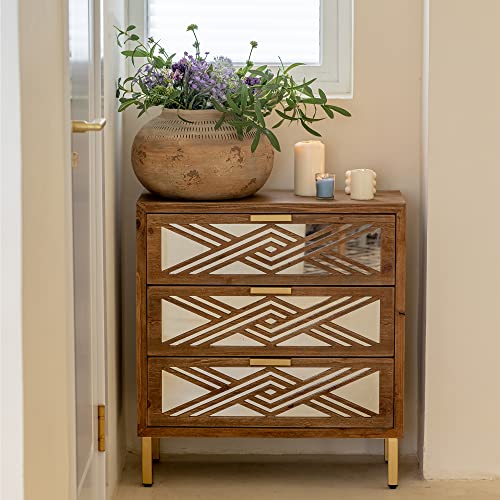 LONYKE Accent Dresser, 3-Drawer Wooden Cabinet with Mirror Fronts, Modern Farmhouse Accent Chest Clean-Lined Silhouette