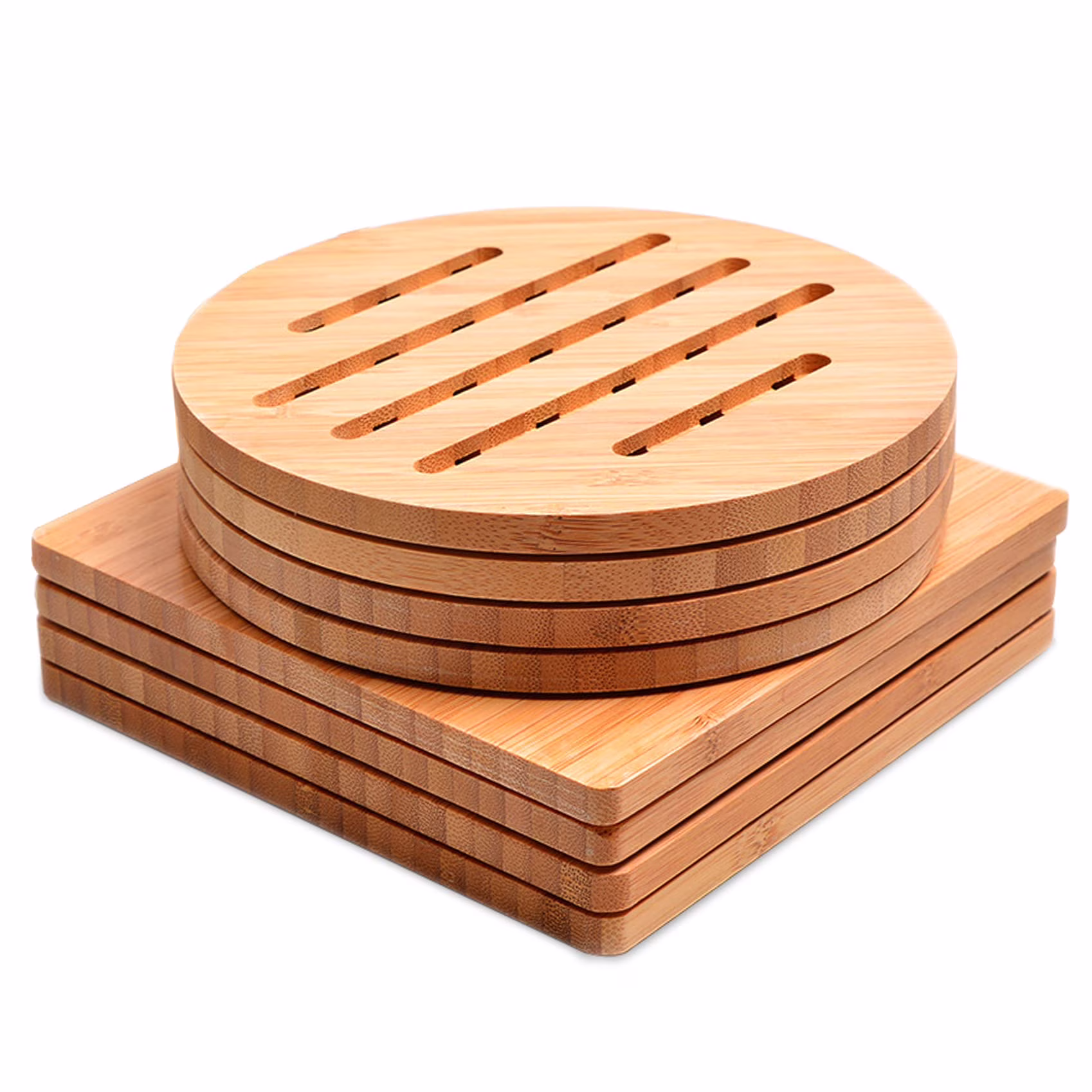 Bamboo Trivet Mat Set for Hot Pots Dishes Bowls, 8 Pack Heat Resistant Natural Mats with 2 Holders, Square Round Shapes for Tabletop Kitchen Use