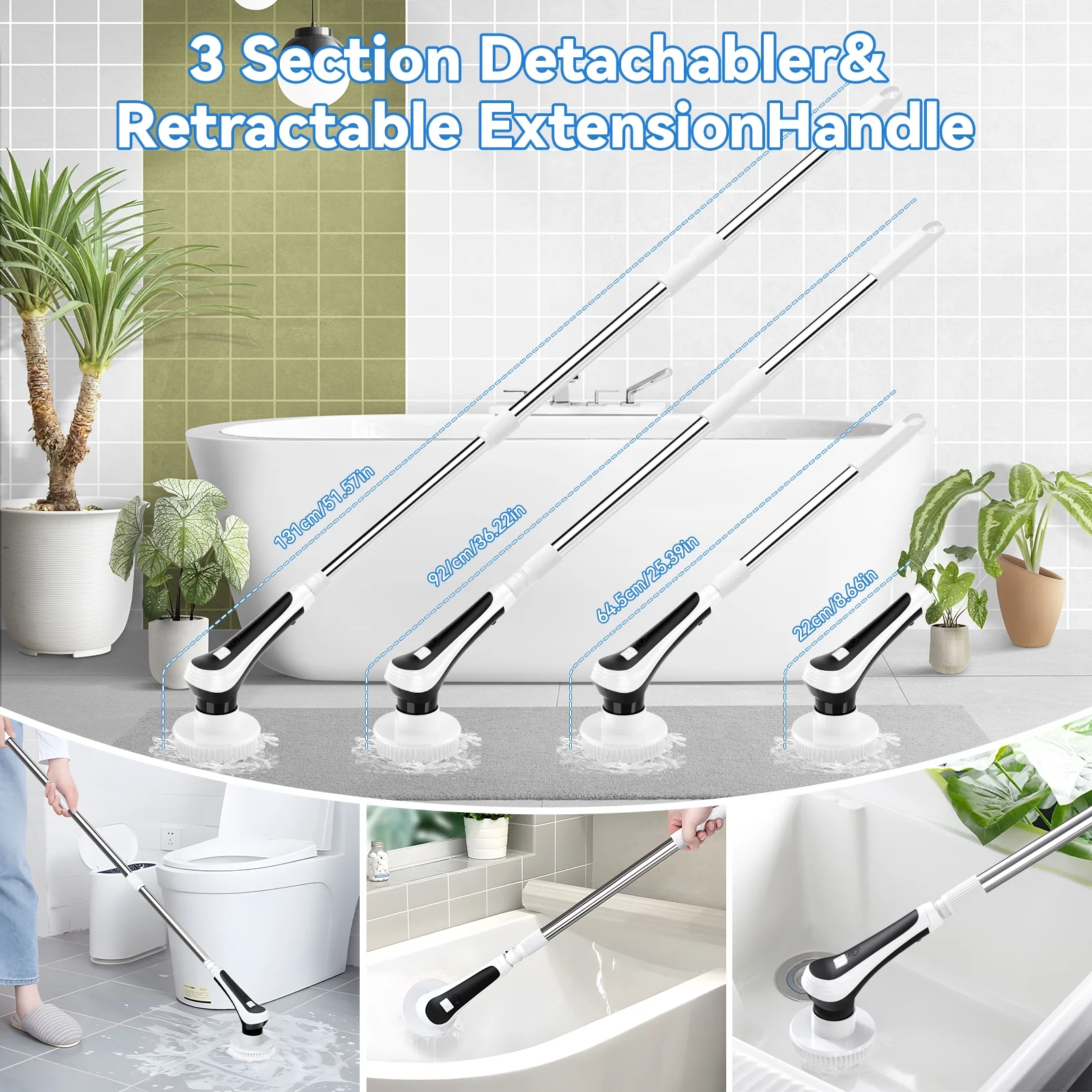 Powtree Electric Spin Scrubber Cordless Bathroom Cleaning Brush with Extension Handle and 6 Replaceable Brush Heads Support IP68 Waterproof for Bathroom Bath Tub Shower Tile Floor