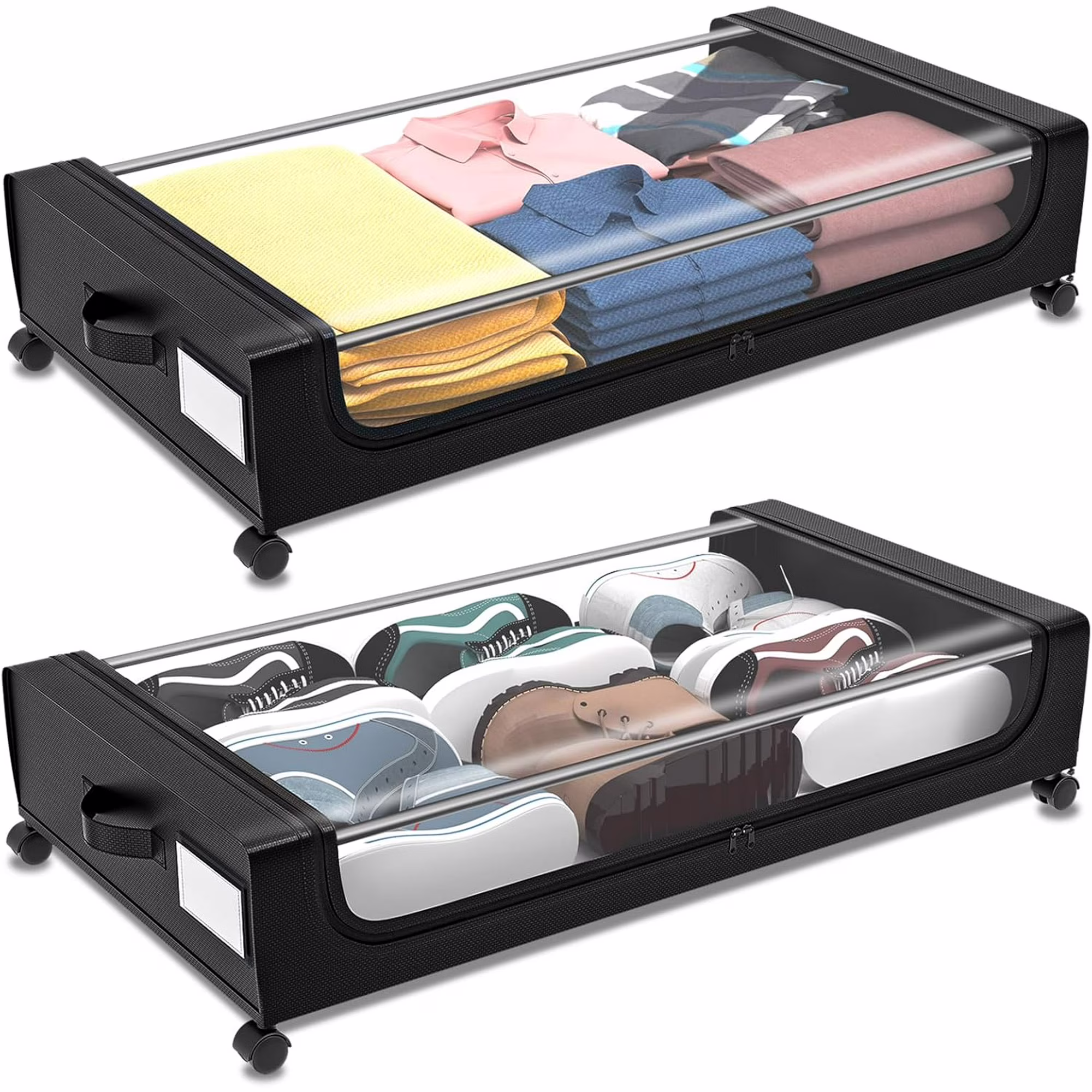 Under Bed Storage with Wheels 2 Pack, Under Bed Storage Containers, Large Under Bed Rolling Storage with Lid, Bedroom Storage Organizer for Clothes, Shoes,Toys, Books, Blankets BLACK