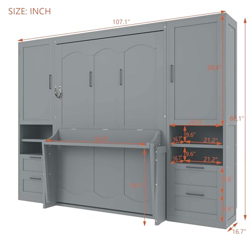 Merax Queen Size Murphy Bed with Desk, Space-Saving Wall Bed Frame with Closet, Drawers and Shelves, Foldable Platform Bed for Small Spaces Studio Study Office Guest Room, Gray