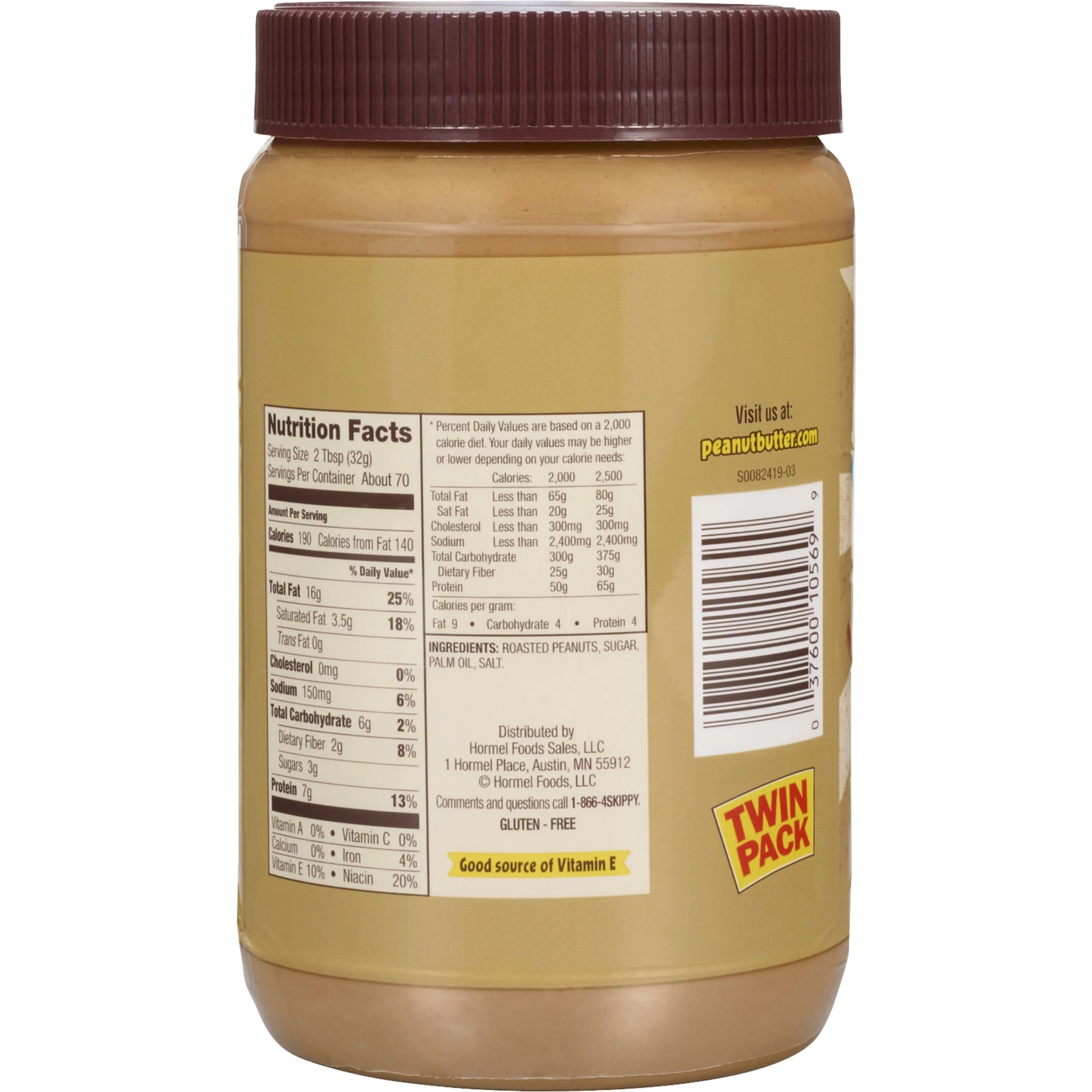 SKIPPY Natural Creamy Peanut Butter Spread, 7 g Protein Per Serving, 40 oz Plastic Jar Twin Pack