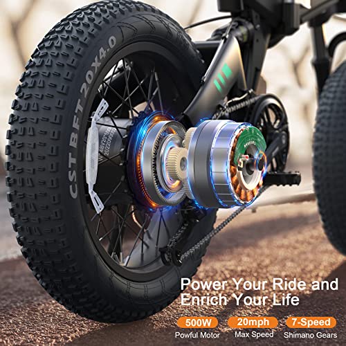 Wooken Electric Bike, 20''X4.0 Fat Tire Electric Bike for Adults,500W(Peak 750W) Foldable Electric Bike with 48V 10Ah Battery,Professional 7 Speed,Shock Absorber, 20MPH Ebike for Mountain Beach Snow