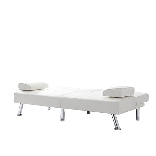 Synthetic Leather Cushion Modern Convertible futon, Adjustable Folding Sofa Bed, Guest Room Bed with Detachable armrests, Two Cup Holders, Metal Legs (Polyester Blend, Beige)