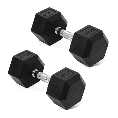 Hex Dumbbells Rubber Coated Hand Weights Pairs for Exercises and Fitness, 25 LB Pair