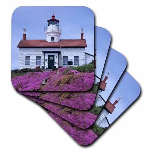 Set of 4 Coasters - Soft - CA, Crescent City, Battery Point Lighthouse with Flowering Ice Plants. Lighthouses