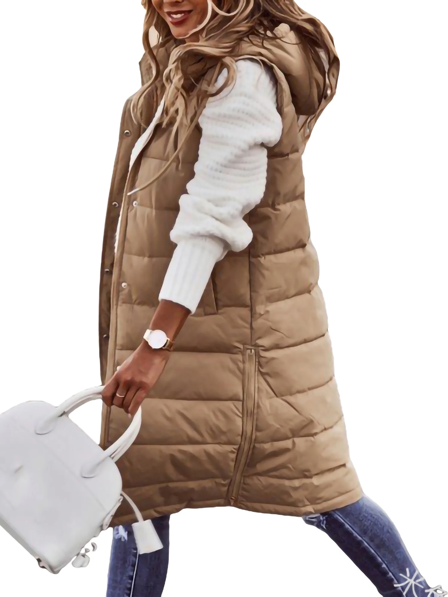 Women's Hooded Long Down Vest Casual Solid Color Sleeveless Thick Puffer Long Vest Padded Coats Jacket with Pockets