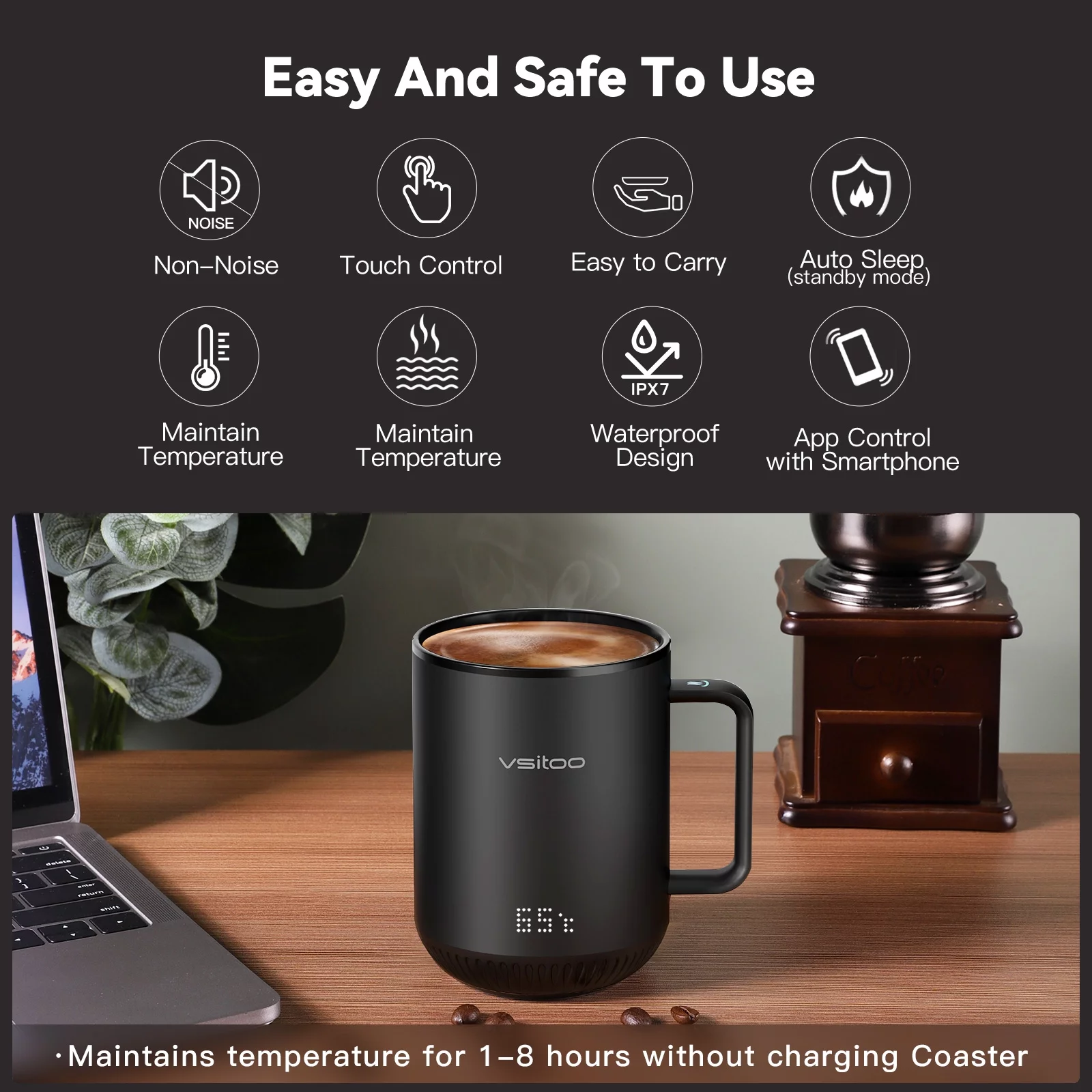 vsitoo S3 Temperature Control Smart Mug 2 with Lid, Self Heating Coffee Mug 10 oz, LED Display, 90 Min Battery Life - App&Manual Controlled Heated Coffee Mug - Improved Design, Coffee Gifts, Black
