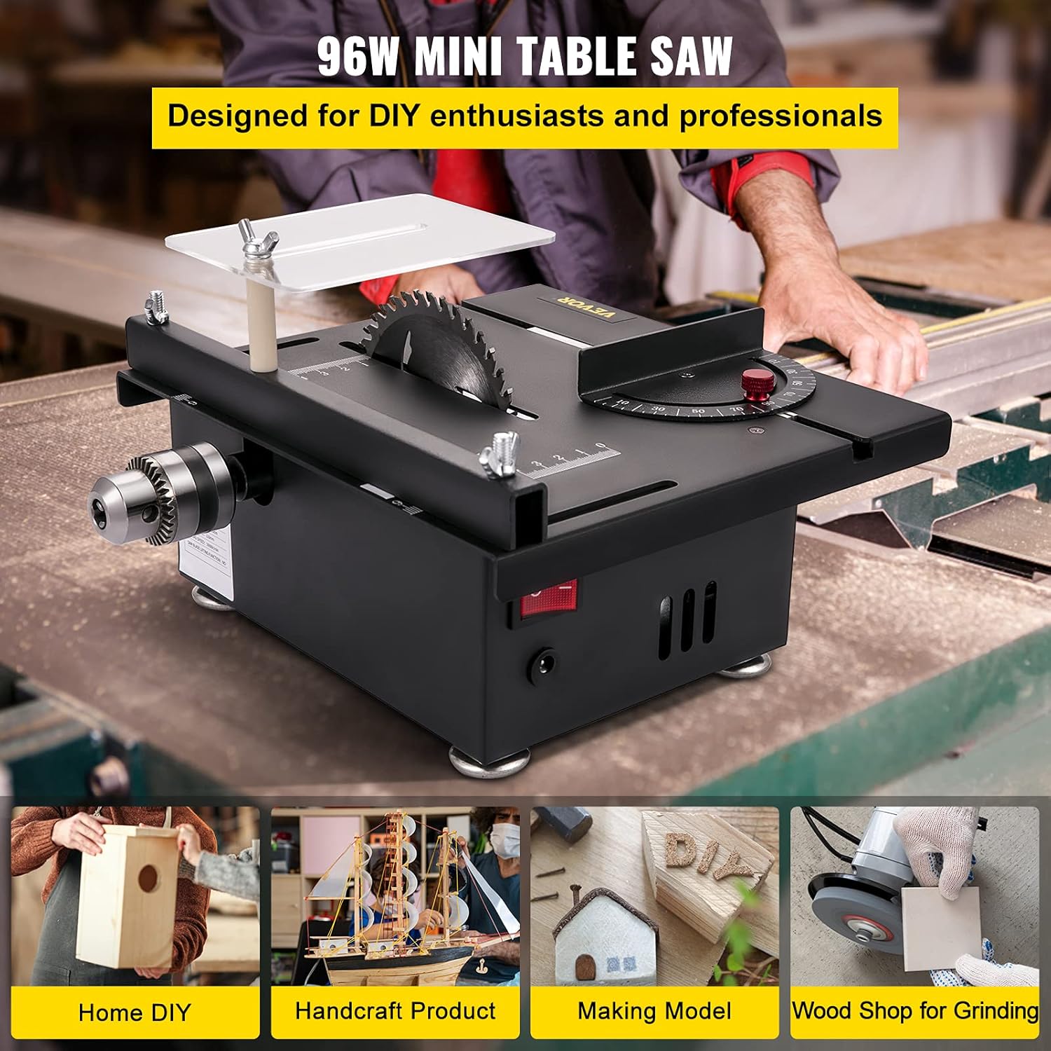 VEVOR Mini Table Saw, 96W Hobby Table Saw for Woodworking, 0-90 Angle Cutting Portable DIY Saw, 7-Level Speed Adjustable Multifunctional Table Saws, 1.3in Cutting Depth Mini Precision Table Saw Item