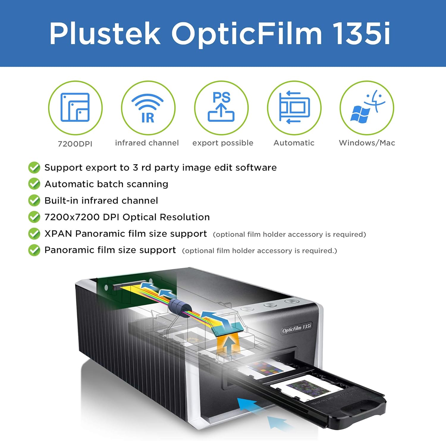 Plustek OpticFilm 135i - Automatic Film & Slide Scanner, Batch converts 35mm Slides & Film Negatives, Support 3rd Party Editing Software Export with 7200 dpi Resolution and Infrared Dust/Scratch Remo