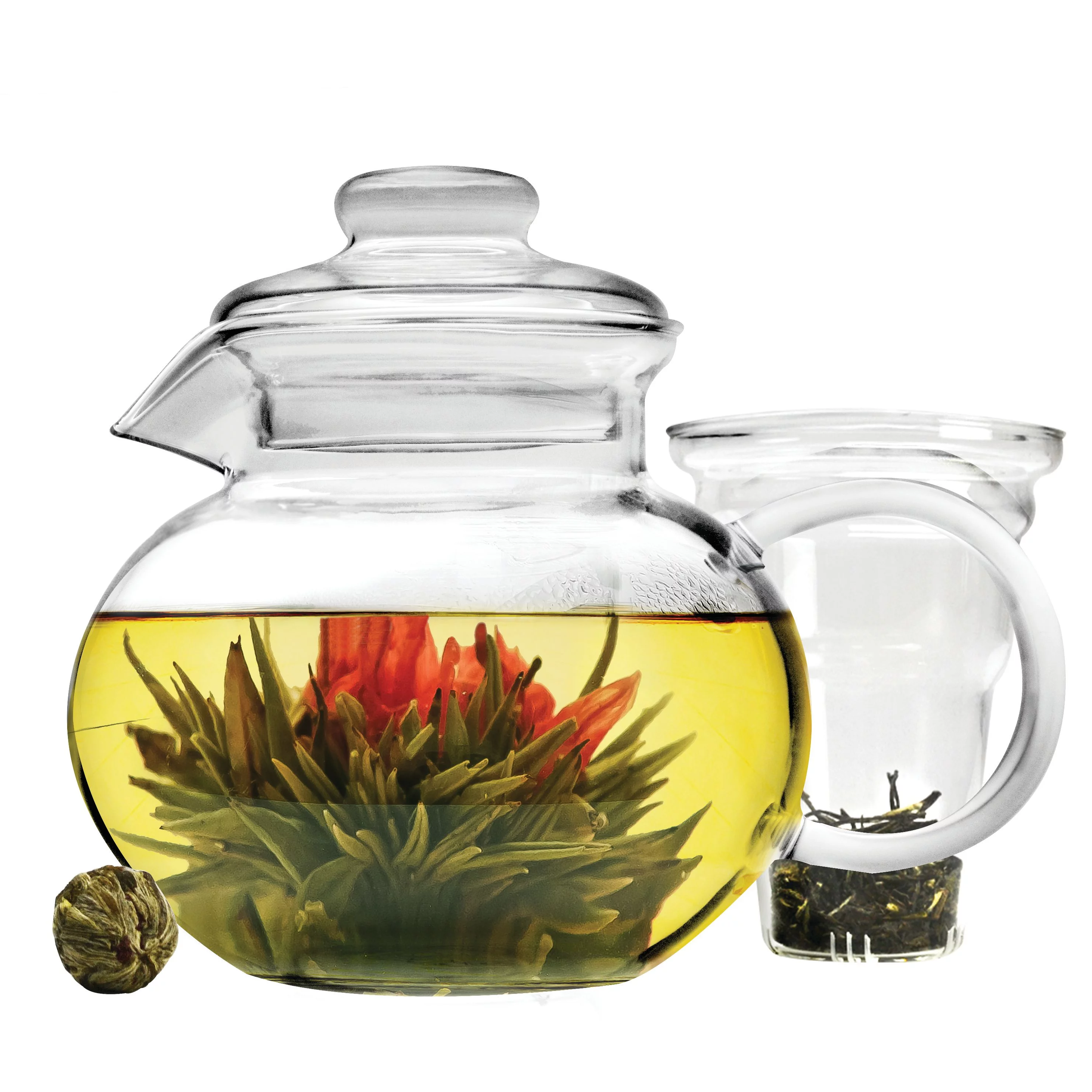 Primula Blossom Borosilicate Glass Teapot with Infuser and 1 Blooming Flowering Tea, For Loose Leaf, Bagged and Flowering Tea, 40 Ounce, Clear